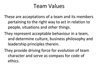 Team Values
These are acceptations of a team and its members
pertaining to the right way to act in relation to
people, situations and other things.
They represent acceptable behaviour in a team,
and determine culture, business philosophy and
leadership principles therein.
They provide driving force for evolution of team
character and serve as compass for code of
ethics.
 