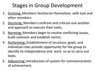 Stages in Group Development
1. Forming: Members familiarize themselves with task and
other members.
2. Storming: Members confront and criticize one another
and approach to execute their tasks.
3. Norming: Members begin to resolve conflicting issues,
build cohesion and establish norms.
4. Performing: Establishment of structure, goals, and
individual roles provide opportunity for the group to
identify its independence and work so as to carry out
tasks.
5. Adjourning: Introduction of system for commemoration
of achievement.
 