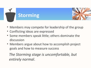 Storming
• Members may compete for leadership of the group
• Conflicting ideas are expressed
• Some members speak little; others dominate the
discussion
• Members argue about how to accomplish project
goals and how to measure success
The Storming stage is uncomfortable, but
entirely normal.
 