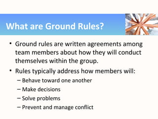 • Ground rules are written agreements among
team members about how they will conduct
themselves within the group.
• Rules typically address how members will:
– Behave toward one another
– Make decisions
– Solve problems
– Prevent and manage conflict
What are Ground Rules?
 