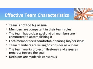 • Team is not too big or small
• Members are competent in their team roles
• The team has a clear goal and all members are
committed to accomplishing it
• Each member feels comfortable sharing his/her ideas
• Team members are willing to consider new ideas
• The team marks project milestones and assesses
progress toward the goal
• Decisions are made via consensus
Effective Team Characteristics
 