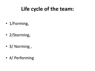 Life cycle of the team:
• 1/Forming,
• 2/Storming,
• 3/ Norming ,
• 4/ Performing
 