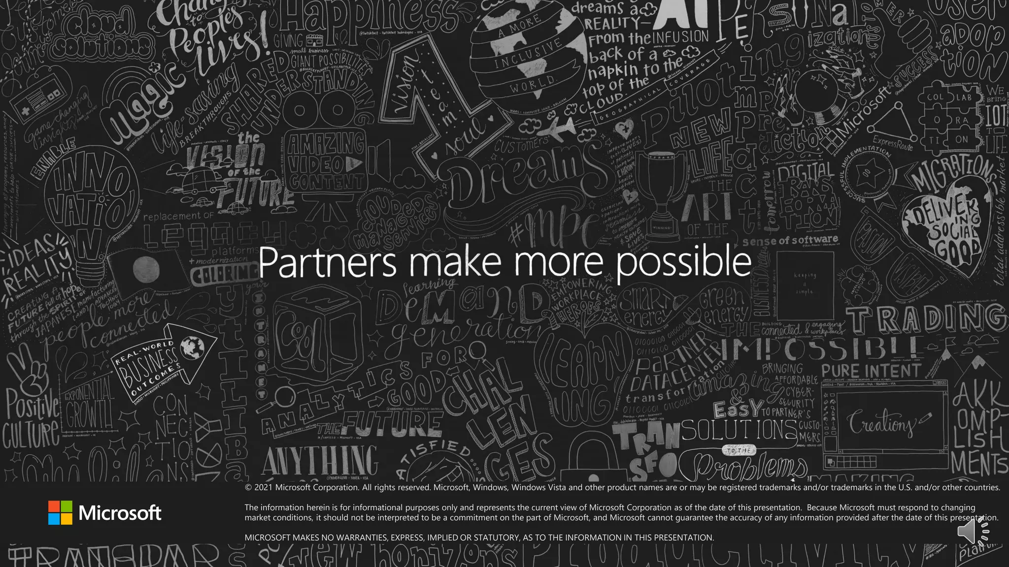 © 2021 Microsoft Corporation. All rights reserved. Microsoft, Windows, Windows Vista and other product names are or may be registered trademarks and/or trademarks in the U.S. and/or other countries.
The information herein is for informational purposes only and represents the current view of Microsoft Corporation as of the date of this presentation. Because Microsoft must respond to changing
market conditions, it should not be interpreted to be a commitment on the part of Microsoft, and Microsoft cannot guarantee the accuracy of any information provided after the date of this presentation.
MICROSOFT MAKES NO WARRANTIES, EXPRESS, IMPLIED OR STATUTORY, AS TO THE INFORMATION IN THIS PRESENTATION.
 