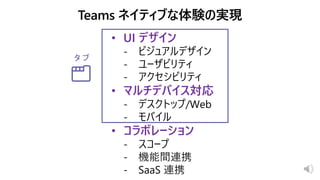 • UI デザイン
- ビジュアルデザイン
- ユーザビリティ
- アクセシビリティ
• マルチデバイス対応
- デスクトップ/Web
- モバイル
• コラボレーション
- スコープ
- 機能間連携
- SaaS 連携
タブ
 