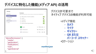 デバイス許可要求で
ネイティブ デバイスの機能が利用可能
•メディア機能
- カメラ
- マイク
- ギャラリー
- QR または
バーコード スキャナー
•ロケーション
"devicePermissions": [
"media",
"geolocation",
"notifications",
"midi",
"openExternal"
],
manifest.json
 