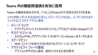 • ディープ リンク
• タスク モジュール
• ステージビュ
• アクティビティ フィード通知
Teams の機能を組み合わせ、1つ以上のTeams内で完結するタスクを実装
シナリオ例 ) ボットが会話の応答としてディープリンクを返し、ユーザーはそれをク
リックすることでタブ アプリに遷移
 