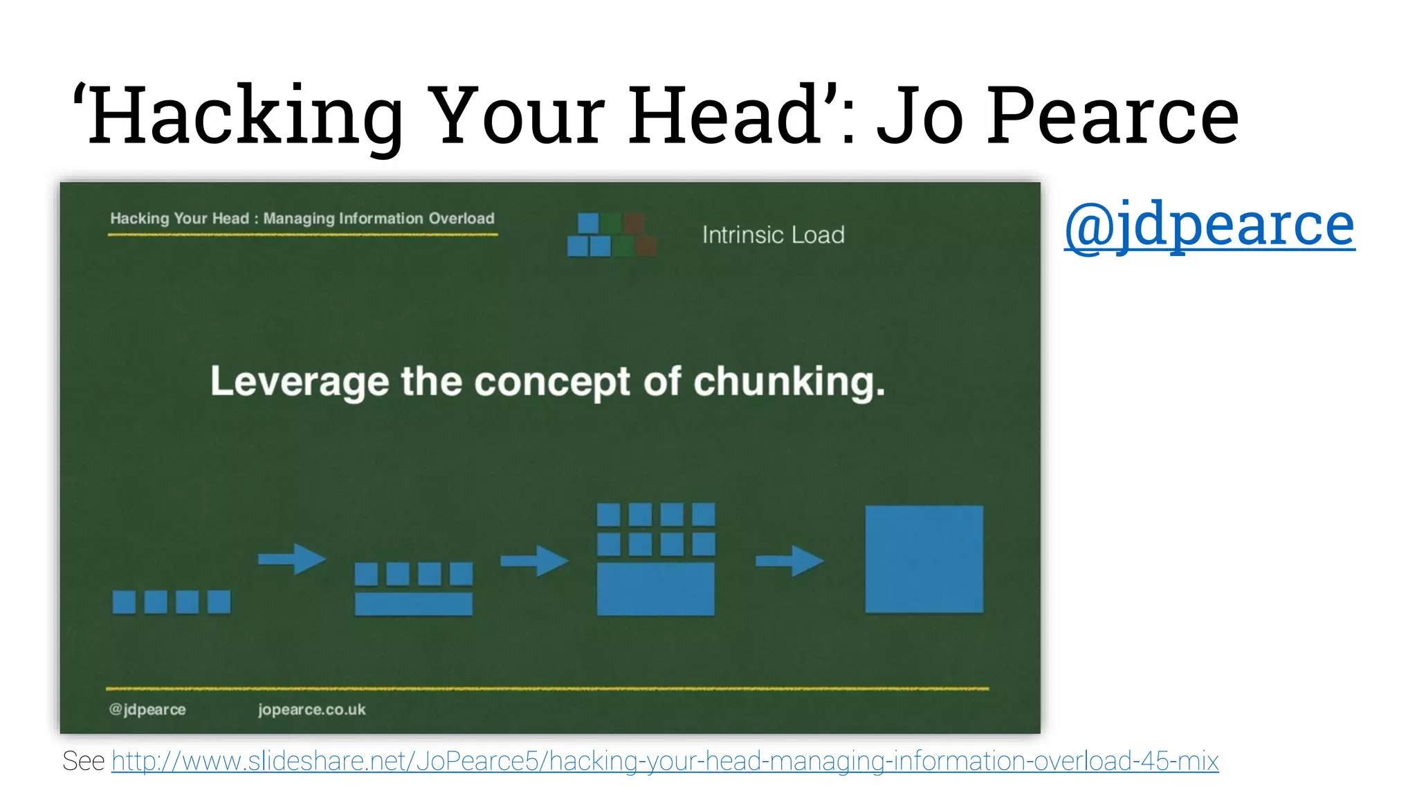 ‘Hacking Your Head’: Jo Pearce
See http://www.slideshare.net/JoPearce5/hacking-your-head-managing-information-overload-45-mix
@jdpearce
 