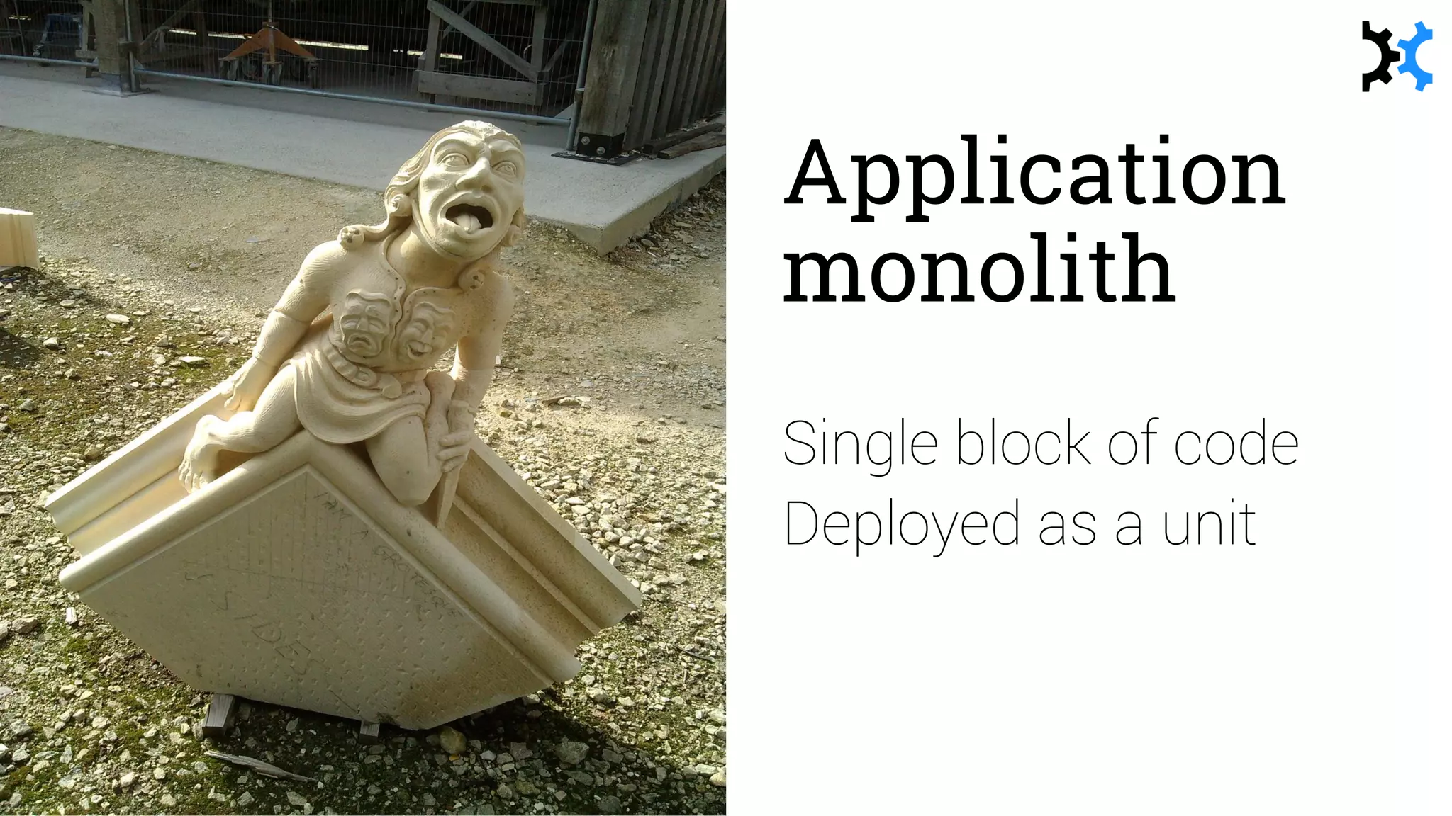 Application
monolith
Single block of code
Deployed as a unit
 