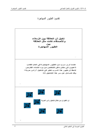 ‫ﺘﻘﺩﻴﻡ: ﺍﻟﻁﻴﻭﺭ ﺍﻟﻤﻬﺎﺠﺭﺓ‬                                       ‫ﻙ ٥٢/١: ﺘﻜﻭﻴﻥ ﺍﻟﻔﺭﻕ ﻭﺍﻟﻌﻤل ﺍﻟﺠﻤﺎﻋﻰ‬




                                   ‫ﺘﻘﺩﻴﻡ: ﺍﻟﻁﻴﻭﺭ ﺍﻟﻤﻬﺎﺠﺭﺓ‬




                              ‫ﺗﺨﻴﻞ أن اﻟﻌﻼﻗﺔ ﺑﻴﻦ اﻟﺰﻣﻼء‬
                               ‫واﻷﺻﺪﻗﺎء آﺎﻧﺖ ﻣﺜﻞ اﻟﻌﻼﻗﺔ‬
                                         ‫ﺑﻴﻦ‬
                                  ‫اﻟﻄﻴﻮر اﻟﻤﻬﺎﺟﺮة‬



                                                                                   ‫١‬




                         ‫ﻋﻨﺪﻣﺎ ﺗﺮى ﺳﺮب ﻣﻦ اﻟﻄﻴﻮر اﻟﻤﻬﺎﺟﺮة ﻓﻲ اﻟﻌﺎم اﻟﻘﺎدم،‬
                     ‫ذاهﺒﻮن إﻟﻰ ﻣﻜﺎن داﻓﺊ ﻟﻠﺘﺨﻠﺺ ﻣﻦ ﺑﺮد اﻟﺸﺘﺎء اﻟﻘﺎرص‬
                   ‫ﻻﺣﻆ أن ﻃﻴﻮر هﺬا اﻟﺴﺮب ﺗﻄﻴﺮ ﻓﻲ ﺗﺸﻜﻴﻞ ”رأس ﺣﺮﺑﺔ“‬
                                         ‫وﻗﺪ ﺗﺘﺴﺎءل ﻋﻦ ﺳﺮ هﺬا اﻟﺘﺸﻜﻴﻞ !!!‬




            ‫٢‬




                                       ‫إن اﻟﻄﻴﺮان ﻣﻦ ﺧﻼل ﺗﺸﻜﻴﻞ رأس اﻟﺤﺮﺑﺔ‬




             ‫٣‬




    ‫٣‬                                                             ‫ﺍﻟﻁﺭﻕ ﺍﻟﻤﺅﺩﻴﺔ ﺇﻟﻰ ﺍﻟﺘﻌﻠﻴﻡ ﺍﻟﻌﺎﻟﻰ‬
 