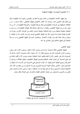 ‫ﺍﻹﻨﺴﺎﻥ ﻭﺍﻟﻤﻨﻅﻤﺔ‬                                               ‫ﻙ ٥٢/١: ﺘﻜﻭﻴﻥ ﺍﻟﻔﺭﻕ ﻭﺍﻟﻌﻤل ﺍﻟﺠﻤﺎﻋﻰ‬


                                                   ‫١-٥ ﺍﻟﺨﺎﺼﻴﺔ ﺍﻟﺨﺎﻤﺴﺔ: ﻫﻴﻜﻠﻴﺔ ﺍﻟﻤﻨﻅﻤﺔ‬

‫ﻴﺘﻡ ﺘﺤﻘﻴﻕ ﺍﻷﻫﺩﺍﻑ ﺍﻟﺘﻨﻅﻴﻤﻴﺔ ﻤﻥ ﺨﻼل ﻤﺠﻤﻭﻋﺔ ﺍﻟﻘﻭﺍﻋﺩ ﻭﺍﻟﻘﻭﺍﻨﻴﻥ ﻭﺍﻹﺠﺭﺍﺀﺍﺕ ﺍﻟﺘﻨﻅﻴﻤﻴﺔ ﻭﺫﻟﻙ‬
‫ﻓﻲ ﻨﻁﺎﻕ ﺇﻁﺎﺭ ﺘﻨﻅﻴﻤﻲ ﻤﺤﺩﺩ. ﻭﻴﻌﺭﻑ ﻫﺫﺍ ﺍﻹﻁﺎﺭ ﺍﻟﺘﻨﻅﻴﻤﻲ ﺒﺎﻟﻬﻴﻜل ﺍﻟﺘﻨﻅﻴﻤﻲ. ﻭﻏﺎﻟﺒﺎ ﻤﺎ ﻴﻌﺒـﺭ ﻋـﻥ‬
              ‫‪‬‬
‫ﺍﻟﻌﻼﻗﺎﺕ ﺍﻟﻭﻅﻴﻔﻴﺔ ﺒﻴﻥ ﺍﻟﻭﺤﺩﺍﺕ ﺍﻟﺘﻨﻅﻴﻤﻴﺔ ﻓﻲ ﺸﻜل ﺨﺭﻴﻁﺔ ﺘﻨﻅﻴﻤﻴﺔ. ﻭﺍﻟﺨﺭﻴﻁﺔ ﺍﻟﺘﻨﻅﻴﻤﻴﺔ ﻤـﺎ ﻫـﻲ ﺇﻻ‬
‫ﺘﻌﺒﻴﺭ ﺒﺎﻟﺭﺴﻡ ﻋﻥ ﺍﻟﻬﻴﻜل ﺍﻟﺘﻨﻅﻴﻤﻲ. ﻭﺘﺘﻔﺎﻭﺕ ﺩﺭﺠﺔ ﺘﻌﻘﺩ ﻭﺘﺸﺎﺒﻙ ﺘﻠﻙ ﺍﻟﻬﻴﺎﻜل ﺍﻟﺘﻨﻅﻴﻤﻴﺔ ﺤـﺴﺏ ﺤﺠـﻡ‬
‫ﺍﻟﻤﻨﻅﻤﺔ ﻭﻁﺒﻴﻌﺔ ﻨﺸﺎﻁﻬﺎ ﻭﺩﻭﺭﺓ ﺤﻴﺎﺓ ﺍﻟﻤﻨﻅﻤﺔ ﻭﻁﺒﻴﻌﺔ ﺍﻟﺴﻭﻕ ﻭﺍﻟﻌﺩﻴﺩ ﻤﻥ ﺍﻟﻌﻭﺍﻤل ﺍﻵﺨﺭﻯ. ﻭﻓﻲ ﻜـل‬
‫ﺍﻷﺤﻭﺍل ﻓﻬﻨﺎﻙ ﺤﺎﺠﺔ ﻤﺎﺴﺔ ﻟﻭﺠﻭﺩ ﻤﺜل ﻫﺫﺍ ﺍﻟﻬﻴﻜل ﺍﻟﺘﻨﻅﻴﻤﻲ ﻟﺘﻭﺤﻴﺩ ﺇﺠﺭﺍﺀﺍﺕ ﺍﻟﻌﻤل ﺩﺍﺨـل ﺍﻟﻤﻨﻅﻤـﺔ‬
‫ﻭﺘﺤﺩﻴﺩ ﻤﺭﺍﻜﺯ ﺍﺘﺨﺎﺫ ﺍﻟﻘﺭﺍﺭﺍﺕ ﻭﻗﻨﻭﺍﺕ ﺍﻻﺘﺼﺎل. ﻭﺒﺎﺨﺘﺼﺎﺭ ﺸﺩﻴﺩ ﻓﺈﻥ ﺍﻟﻬﻜﻴل ﺍﻟﺘﻨﻅﻴﻤﻲ ﻫـﻭ ﻭﺴـﻴﻠﺔ‬
                                               ‫ﺍﻟﻤﻨﻅﻤﺔ ﺇﻟﻰ ﺘﺤﻘﻴﻕ ﺃﻫﺩﺍﻓﻬﺎ ﻭﻟﻴﺱ ﻫﺩﻓﺎ ﻓﻲ ﺤﺩ ﺫﺍﺘﻪ.‬
                                                            ‫ﹰ‬


                                                                                   ‫ﺍﻟﻬﻴﻜل ﺍﻟﺘﻨﻅﻴﻤﻰ‬
‫ﻟﻠﻬﻴﻜل ﺍﻟﺘﻨﻅﻴﻤﻲ ﺜﻼﺜﺔ ﻤﺴﺘﻭﻴﺎﺕ ﺇﺩﺍﺭﻴﺔ ﻫﻲ ﻤﺴﺘﻭﻯ ﺍﻹﺩﺍﺭﺓ ﺍﻟﻌﻠﻴﺎ، ﻭﻤﺴﺘﻭﻯ ﺍﻹﺩﺍﺭﺓ ﺍﻟﻭﺴـﻁﻲ،‬
‫ﻭﻤﺴﺘﻭﻯ ﺍﻹﺩﺍﺭﺓ ﺍﻟﻤﺒﺎﺸﺭﺓ، ﻜﻤﺎ ﻫﻭ ﻤﻭﻀﺢ ﺒﺸﻜل )١-٢(. ﻭﺘﺘﺤﺩﺩ ﺍﻻﺨﺘـﺼﺎﺼﺎﺕ ﺍﻷﺴﺎﺴـﻴﺔ ﻟﺘﻠـﻙ‬
‫ﺍﻟﻤﺴﺘﻭﻴﺎﺕ ﻜﻤﺎ ﻴﻠﻰ: ﺘﺨﺘﺹ ﺍﻹﺩﺍﺭﺓ ﺍﻟﻌﻠﻴﺎ ﺒﺘﻨﻅﻴﻡ ﺃﻋﻤﺎل ﺍﻟﻤﻨﻅﻤﺔ ﻭﺘﺤﺩﻴﺩ ﻤﺴﺘﻭﻯ ﺍﻷﺩﺍﺀ ﺍﻟﻜﻠﻰ ﺍﻟﻤﺘﻭﻗـﻊ‬
‫ﻟﻬﺎ. ﻓﻬﻲ ﺍﻟﻤﺴﺌﻭﻟﺔ ﻋﻥ ﺘﺤﺩﻴﺩ ﺃﻫﺩﺍﻑ ﺍﻟﻤﻨﻅﻤﺔ،ﻭﺘﺼﻤﻴﻡ ﺍﻟﻬﻴﺎﻜل ﺍﻟﺘﻨﻅﻴﻤﻴﺔ، ﻭﺘﻨﻅﻴﻡ ﺍﻟﻌﻼﻗﺔ ﻤـﻊ ﺍﻟﺒﻴﺌـﺔ‬
‫ﺍﻟﺨﺎﺭﺠﻴﺔ ﻭﻭﻀﻊ ﺍﻟﺨﻁﻁ ﺍﻻﺴﺘﺭﺍﺘﻴﺠﻴﺔ. ﺃﻤﺎ ﺍﻹﺩﺍﺭﺓ ﺍﻟﻭﺴﻁﻲ ﻓﻬﻲ ﺍﻟﻤﺴﺅﻭﻟﺔ ﻋﻥ ﺍﻹﺩﺍﺭﺍﺕ ﺍﻟﺘـﺸﻐﻴﻠﻴﺔ ﺃﻭ‬
‫ﺍﻟﻤﺼﺎﻨﻊ ﻭﻋﻨﺎﺒﺭ ﺍﻹﻨﺘﺎﺝ. ﻭﺘﺘﻤﺜل ﺍﻟﻤﻬﻤﺔ ﺍﻟﺭﺌﻴﺴﻴﺔ ﻟﻠﻤﺩﻴﺭﻴﻥ ﻓﻲ ﻫﺫﺍ ﺍﻟﻤﺴﺘﻭﻯ ﻓـﻲ ﺘﺤﻘﻴـﻕ ﺍﻷﻫـﺩﺍﻑ‬
‫ﺍﻟﺘﺸﻐﻴﻠﻴﺔ ﺍﻟﻤﺤﺩﺩﺓ ﻹﺩﺍﺭﺘﻬﻡ ﻭﺭﺒﻁ ﺇﺩﺍﺭﺍﺘﻬﻡ ﺒﺒﻘﻴﺔ ﺇﺩﺍﺭﺍﺕ ﺍﻟﻤﻨﻅﻤﺔ. ﻭﺃﺨﻴﺭﺍ ﻤﺴﺘﻭﻯ ﺍﻹﺩﺍﺭﺓ ﺍﻟﻤﺒﺎﺸﺭﺓ ﺍﻟﺘﻰ‬
                            ‫‪‬‬
      ‫ﺘﺘﻜﻭﻥ ﻤﻥ ﺍﻟﻤﺩﻴﺭﻴﻥ ﺍﻟﻤﺴﺌﻭﻟﻴﻥ ﻋﻥ ﻋﻤﻠﻴﺎﺕ ﺍﻟﺘﺸﻐﻴل ﺍﻟﻔﻌﻠﻴﺔ ﻭﺍﻹﺸﺭﺍﻑ ﻋﻠﻰ ﺍﻟﻌﻤﺎﻟﺔ ﺒﺸﻜل ﻤﺒﺎﺸﺭ.‬



                                         ‫ﺍﻹﺩﺍﺭﺓ ﺍﻟﻌﻠﻴﺎ‬


                                        ‫ﺍﻹﺩﺍﺭﺓ ﺍﻟﻭﺴﻁﻲ‬


                                       ‫ﺍﻹﺩﺍﺭﺓ ﺍﻟﻤﺒﺎﺸﺭﺓ‬

                          ‫ﺸﻜل )١-٢(: ﺍﻟﻤﺴﺘﻭﻴﺎﺕ ﺍﻹﺩﺍﺭﻴﺔ ﻓﻲ ﺍﻟﻤﻨﻅﻤﺔ‬


    ‫٠٢‬                                                             ‫ﺍﻟﻁﺭﻕ ﺍﻟﻤﺅﺩﻴﺔ ﺇﻟﻰ ﺍﻟﺘﻌﻠﻴﻡ ﺍﻟﻌﺎﻟﻰ‬
 