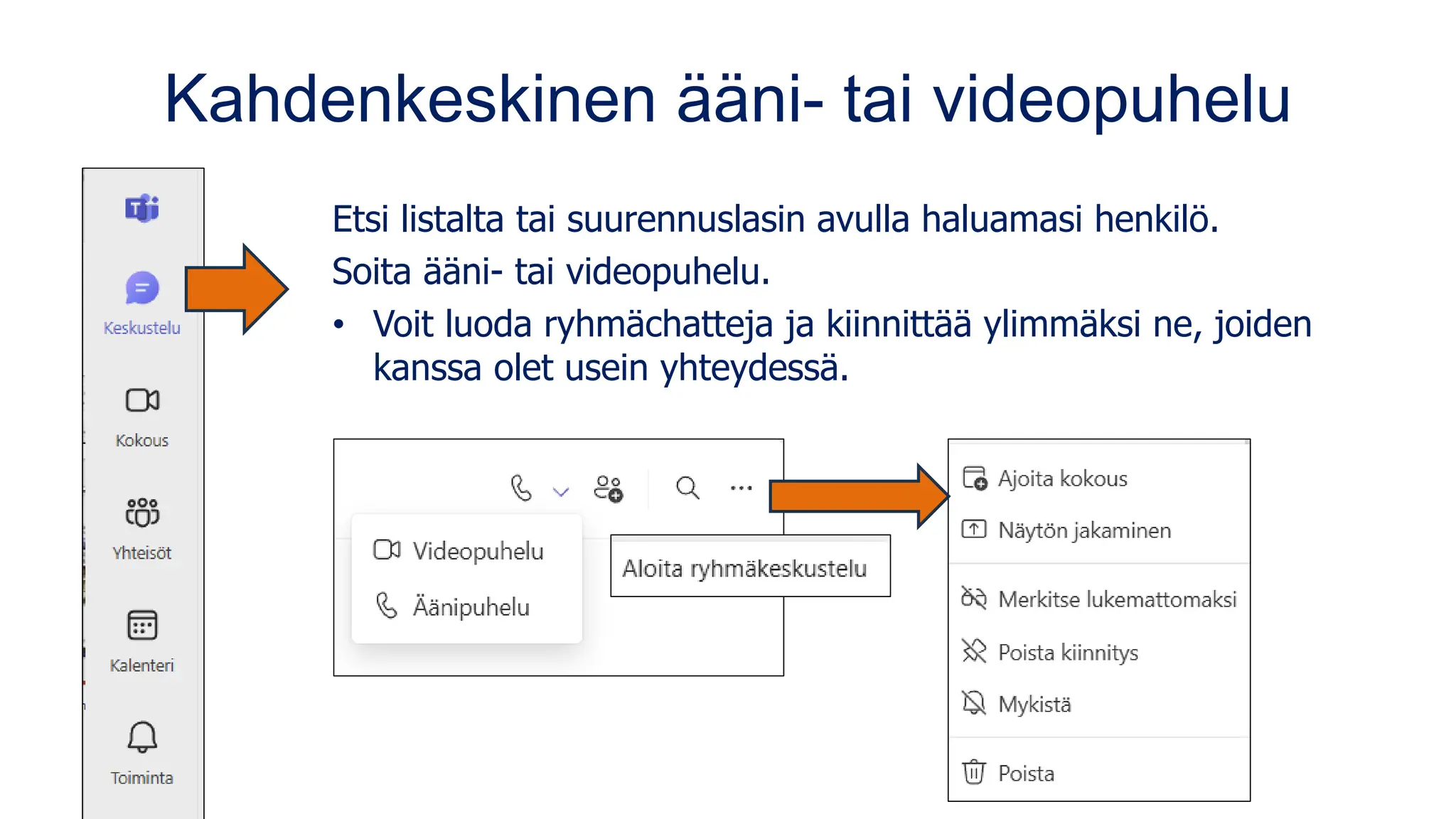 Kahdenkeskinen ääni- tai videopuhelu
Etsi listalta tai suurennuslasin avulla haluamasi henkilö.
Soita ääni- tai videopuhelu.
• Voit luoda ryhmächatteja ja kiinnittää ylimmäksi ne, joiden
kanssa olet usein yhteydessä.
 