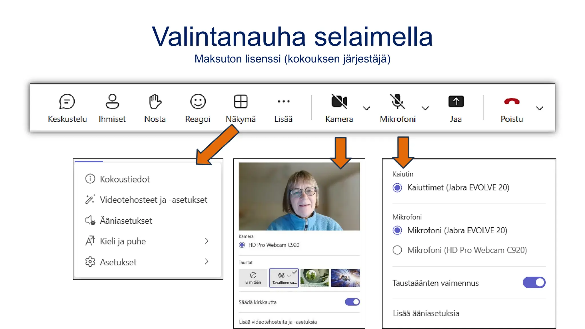 Valintanauha selaimella
Maksuton lisenssi (kokouksen järjestäjä)
 