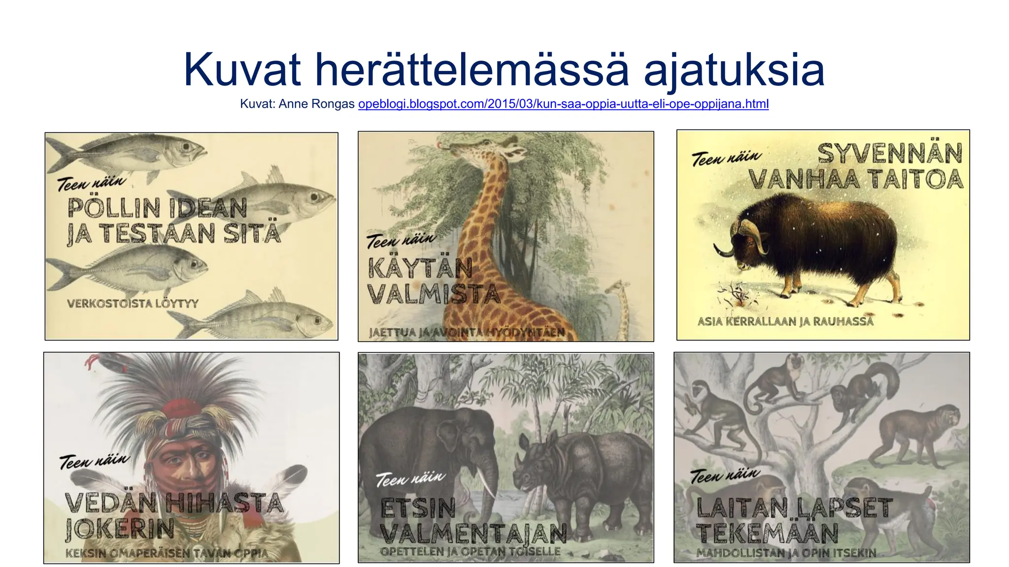 Kuvat herättelemässä ajatuksia
Kuvat: Anne Rongas opeblogi.blogspot.com/2015/03/kun-saa-oppia-uutta-eli-ope-oppijana.html
 