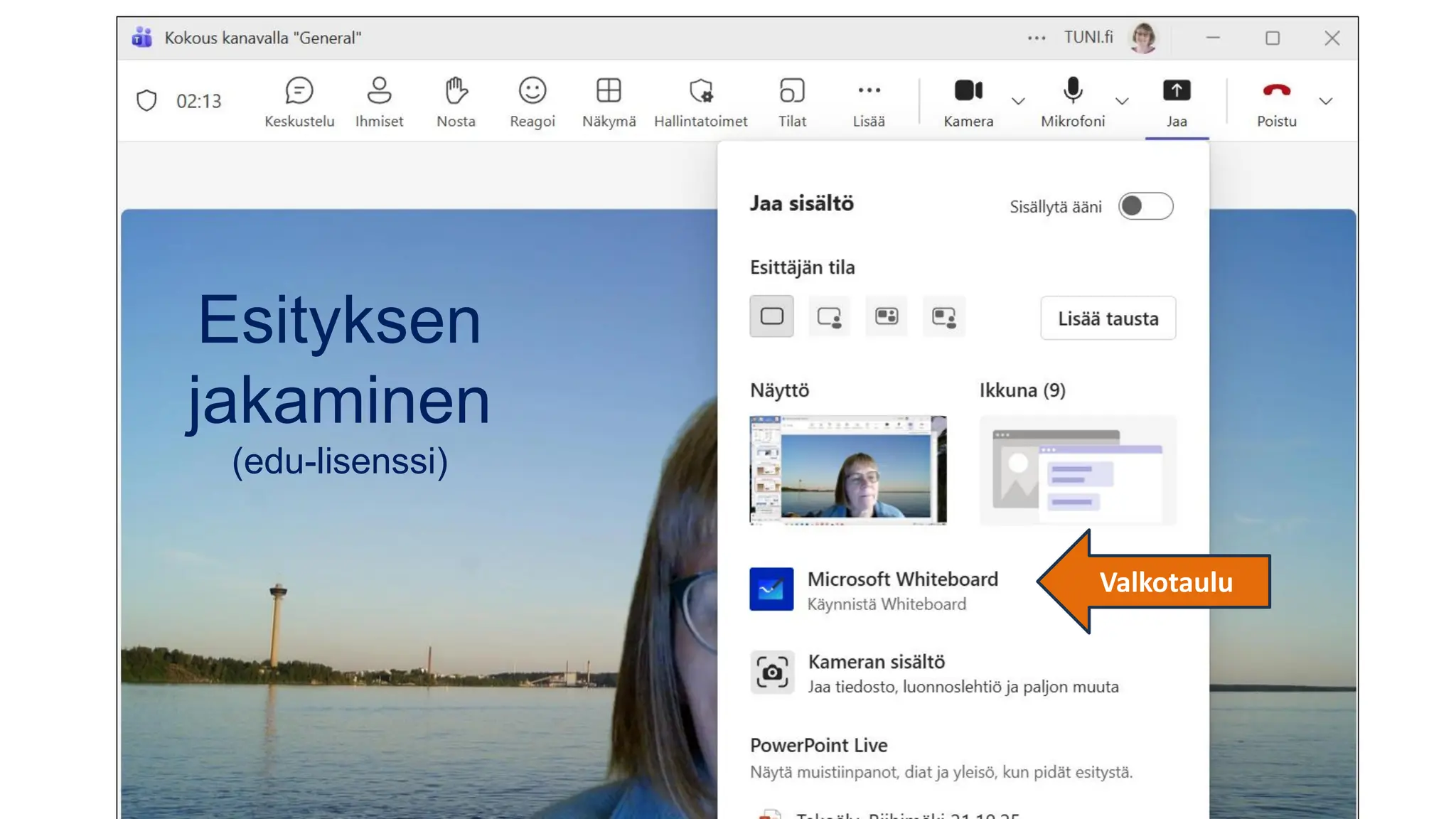 Esityksen
jakaminen
(edu-lisenssi)
Valkotaulu
 
