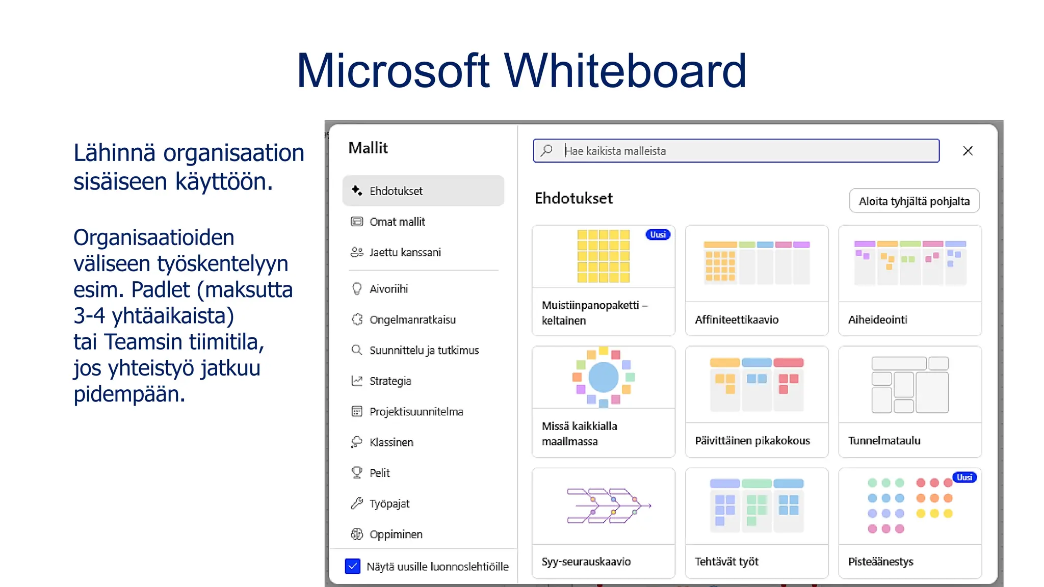 Microsoft Whiteboard
Lähinnä organisaation
sisäiseen käyttöön.
Organisaatioiden
väliseen työskentelyyn
esim. Padlet (maksutta
3-4 yhtäaikaista)
tai Teamsin tiimitila,
jos yhteistyö jatkuu
pidempään.
 
