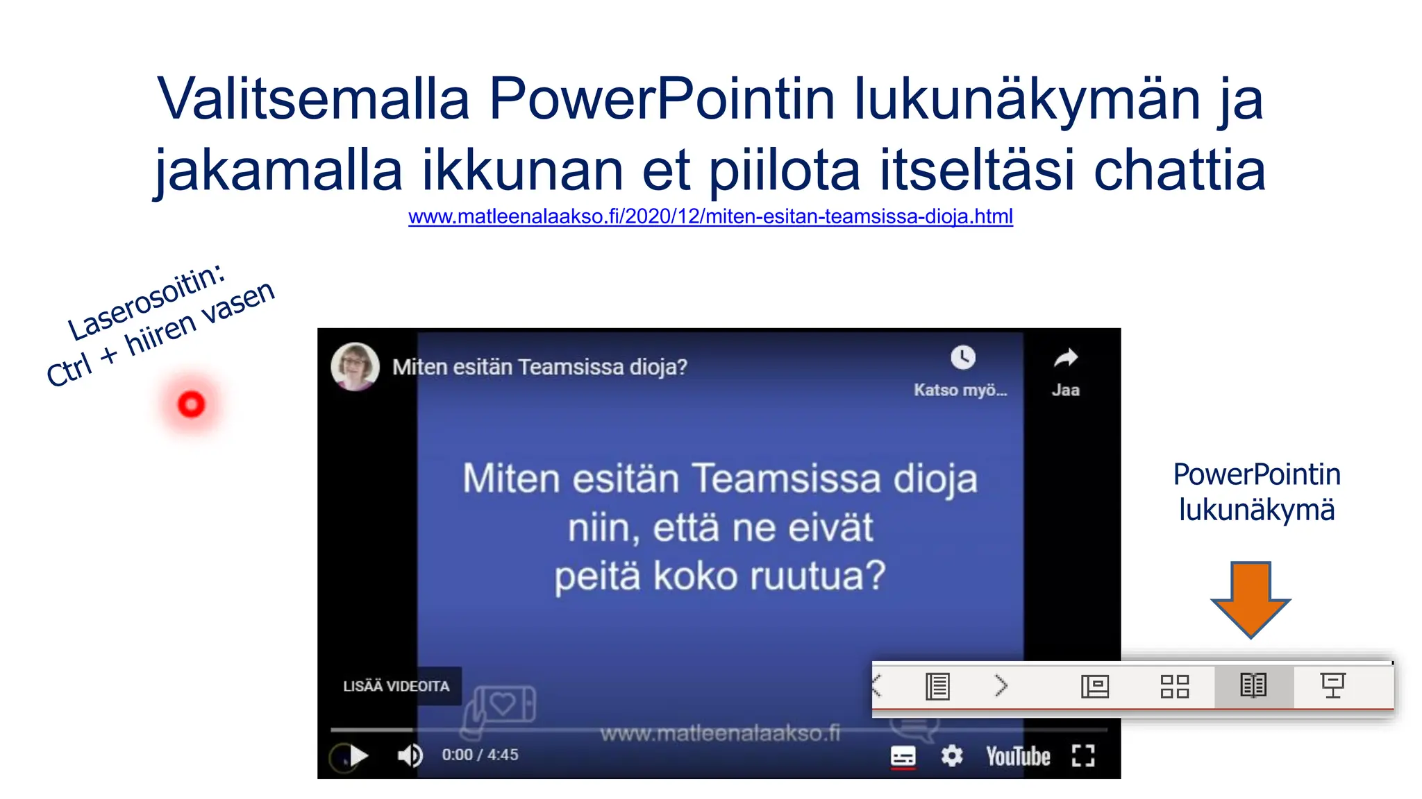 Valitsemalla PowerPointin lukunäkymän ja
jakamalla ikkunan et piilota itseltäsi chattia
www.matleenalaakso.fi/2020/12/miten-esitan-teamsissa-dioja.html
PowerPointin
lukunäkymä
 