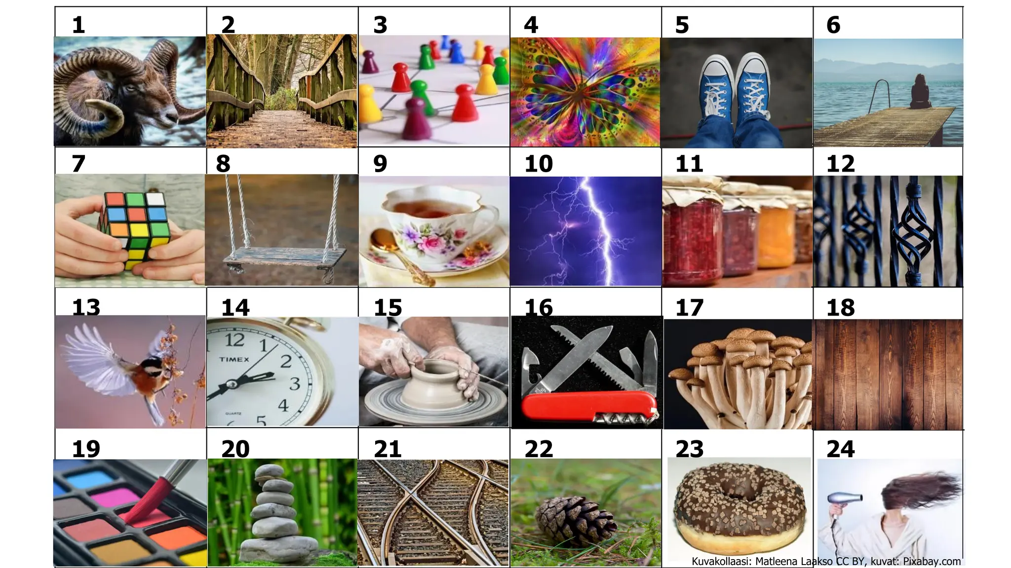 1 2 3 4 5 6
7 8 9 10 11 12
13 14 15 16 17 18
19 20 21 22 23 24
Kuvakollaasi: Matleena Laakso CC BY, kuvat: Pixabay.com
 