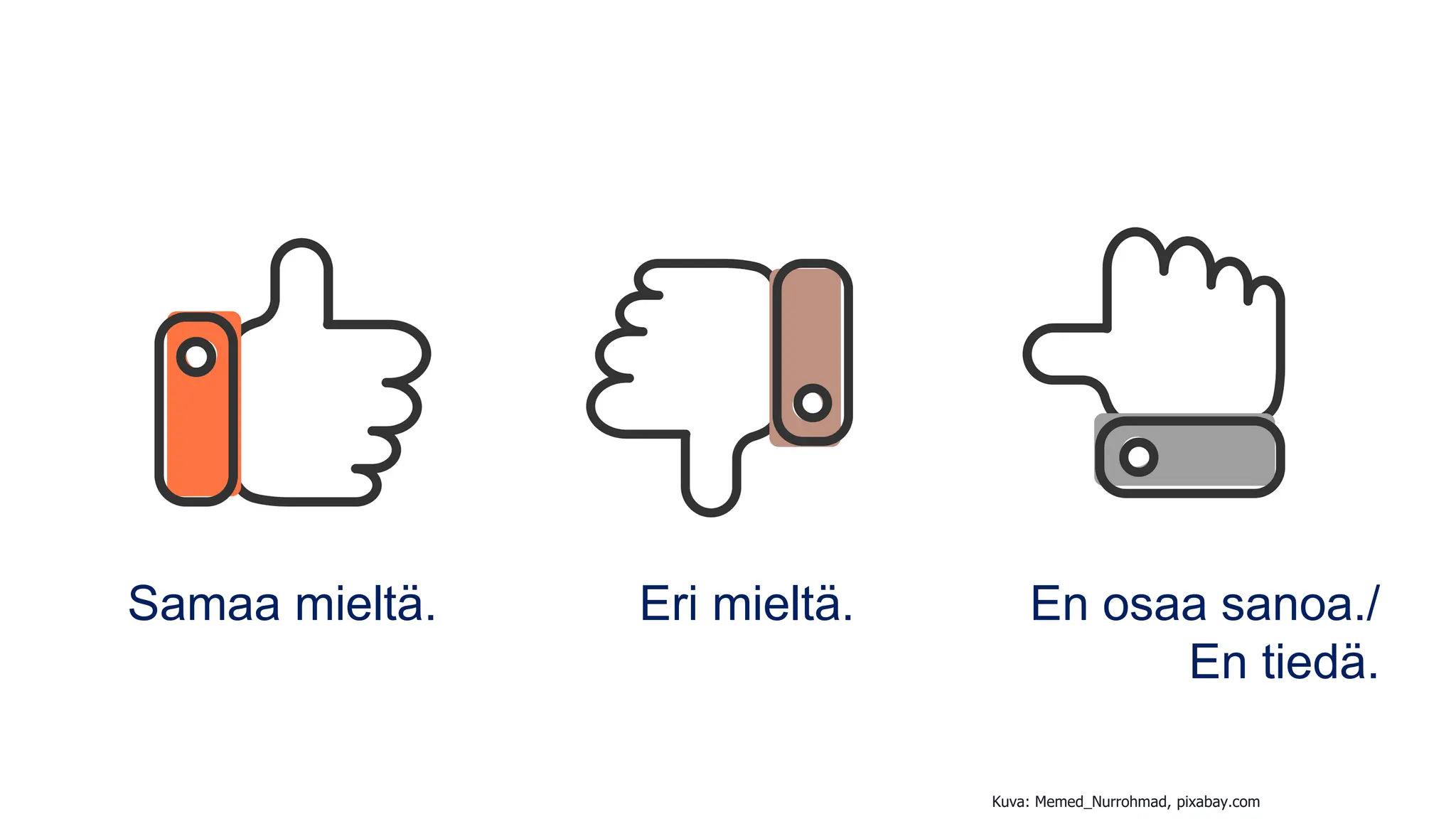 Samaa mieltä. Eri mieltä. En osaa sanoa./
En tiedä.
Kuva: Memed_Nurrohmad, pixabay.com
 