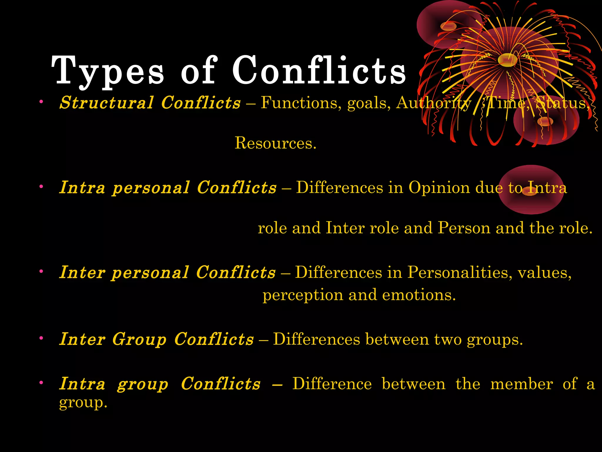 Types of Conflicts
• Structural Conflicts – Functions, goals, Authority ;Time, Status,

                        Resources.

• Intra personal Conflicts – Differences in Opinion due to Intra

                           role and Inter role and Person and the role.

• Inter personal Conflicts – Differences in Personalities, values,
                        perception and emotions.

• Inter Group Conflicts – Differences between two groups.

• Intra group Conflicts – Difference between the member of a
  group.
 