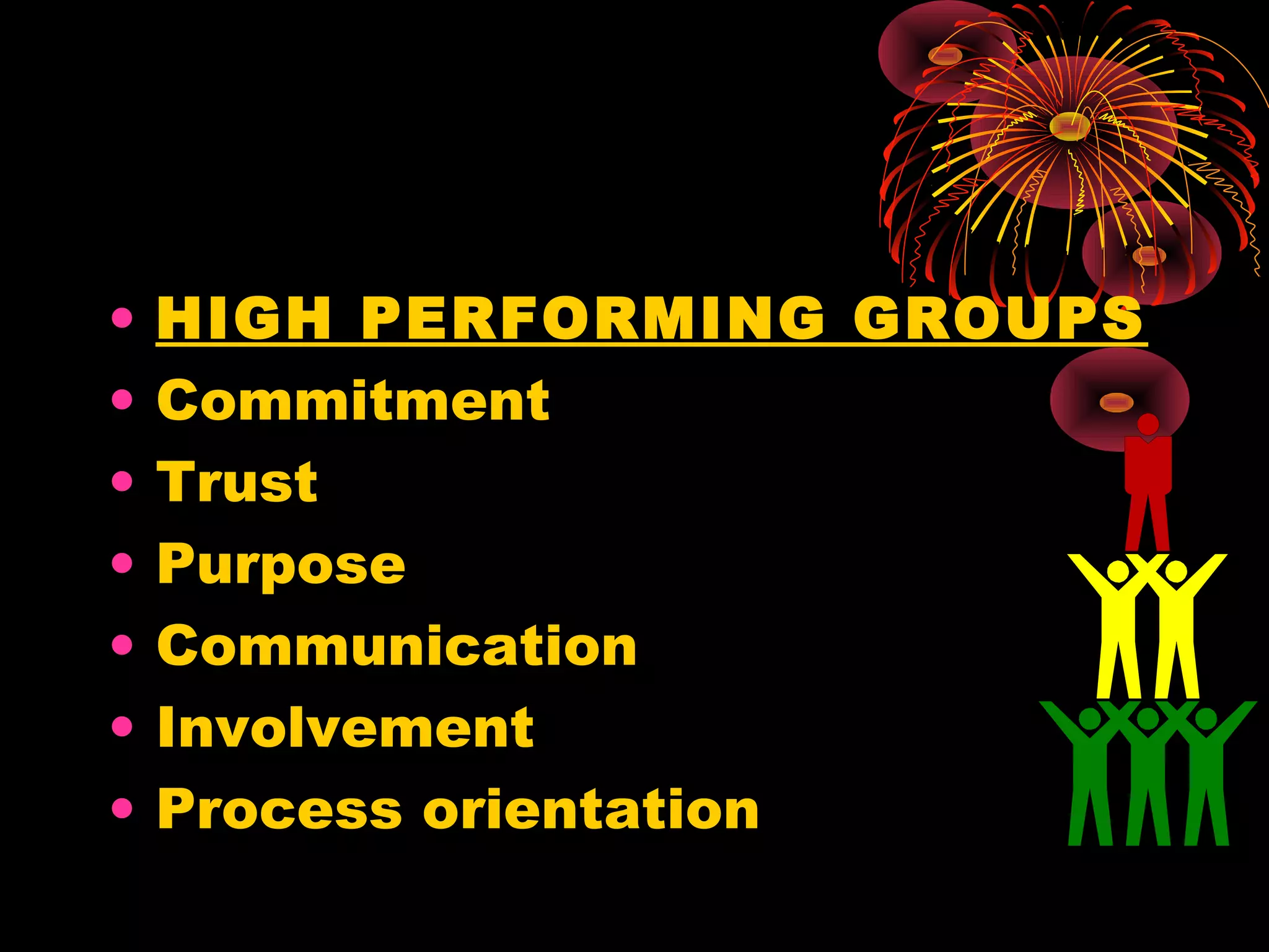 •   HIGH PERFORMING GROUPS
•   Commitment
•   Trust
•   Purpose
•   Communication
•   Involvement
•   Process orientation
 