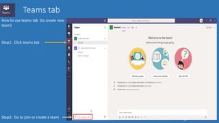 Teams tab
How to use teams tab (to create new
team)
Step1: Click teams tab
Step2: Go to join or create a team
 