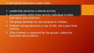 A work group becomes a team when
1. Leadership becomes a shared activity.
2. Accountability shifts from strictly individual to both
individual and collective.
3. The group develops its own purpose or mission.
4. Problem solving becomes a way of life, not a part-time
activity.
5. Effectiveness is measured by the group’s collective
outcomes and products.
 