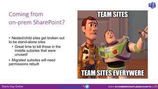 Teams Day Online #TeamsDayOnline
Coming from
on-prem SharePoint?
• Nested/child sites get broken out
to be stand-alone sites
• Great time to kill those in the
middle subsites that were
unused!
• Migrated subsites will need
permissions rebuilt
 