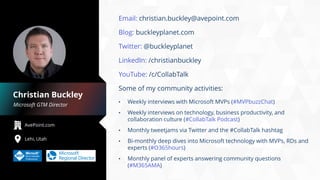 AvePoint.com
Lehi, Utah
Microsoft GTM Director
Christian Buckley
Email: christian.buckley@avepoint.com
Blog: buckleyplanet...