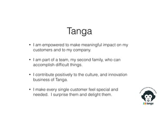 Tanga
• I am empowered to make meaningful impact on my
customers and to my company.
• I am part of a team, my second family, who can
accomplish difﬁcult things.
• I contribute positively to the culture, and innovation
business of Tanga.
• I make every single customer feel special and
needed. I surprise them and delight them.
 