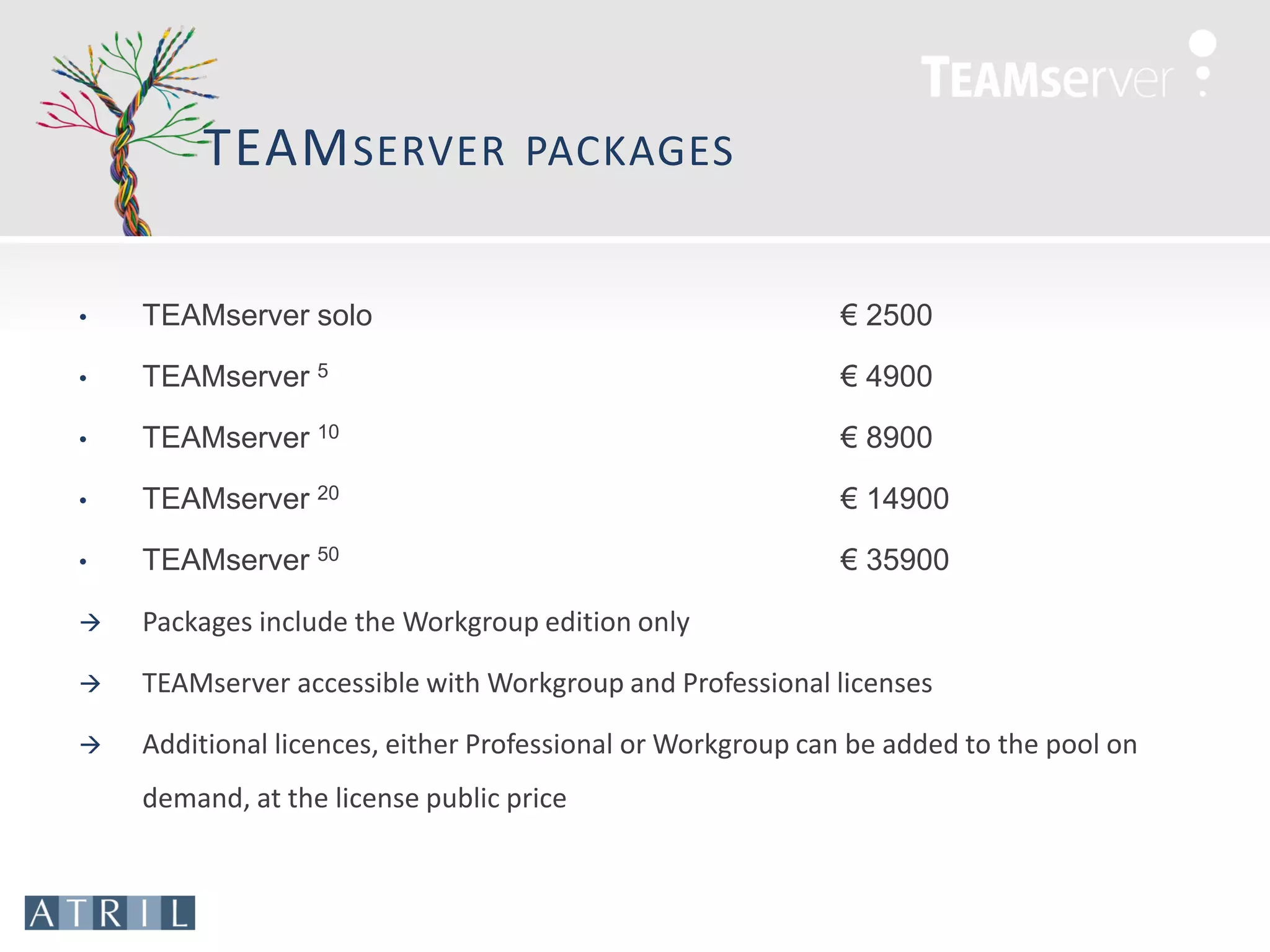 TEAM SERVER               PACKAGES


•   TEAMserver solo                                         € 2500

•   TEAMserver 5                                            € 4900

•   TEAMserver 10                                           € 8900

•   TEAMserver 20                                           € 14900

•   TEAMserver 50                                           € 35900

   Packages include the Workgroup edition only

   TEAMserver accessible with Workgroup and Professional licenses

   Additional licences, either Professional or Workgroup can be added to the pool on
    demand, at the license public price
 