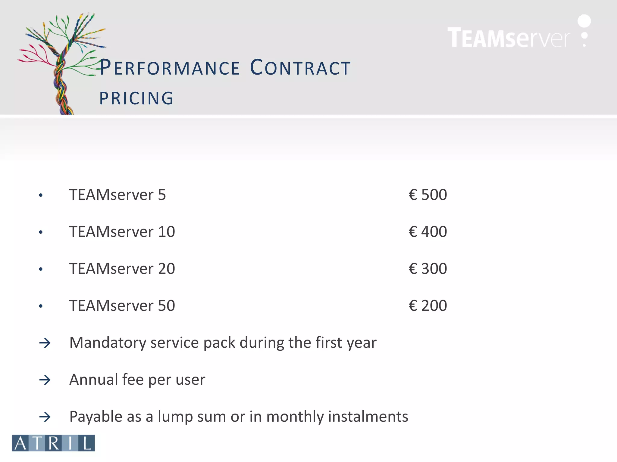 P ERFORMANCE C ONTRACT
        PRICING



•   TEAMserver 5                                   € 500

•   TEAMserver 10                                  € 400

•   TEAMserver 20                                  € 300

•   TEAMserver 50                                  € 200

   Mandatory service pack during the first year

   Annual fee per user

   Payable as a lump sum or in monthly instalments
 
