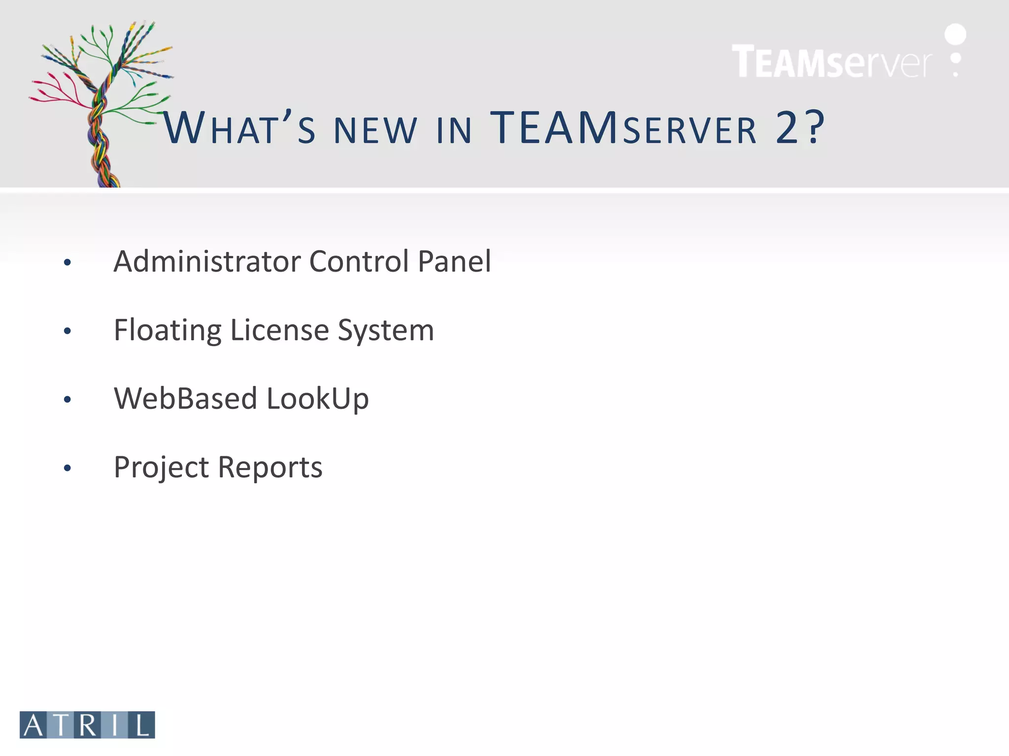 W HAT ’ S NEW IN TEAM SERVER 2?

•   Administrator Control Panel

•   Floating License System

•   WebBased LookUp

•   Project Reports
 