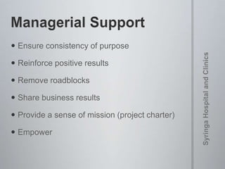 Ensure consistency of purpose
 Reinforce positive results
 Remove roadblocks
 Share business results
 Provide a sense of mission (project charter)
 Empower
 