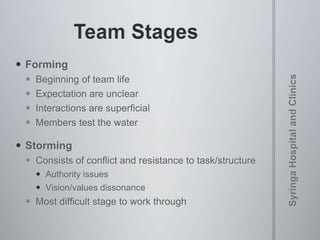  Forming
 Beginning of team life
 Expectation are unclear
 Interactions are superficial
 Members test the water
 Storming
 Consists of conflict and resistance to task/structure
 Authority issues
 Vision/values dissonance
 Most difficult stage to work through
 