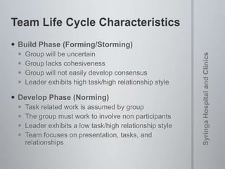  Build Phase (Forming/Storming)
 Group will be uncertain
 Group lacks cohesiveness
 Group will not easily develop consensus
 Leader exhibits high task/high relationship style
 Develop Phase (Norming)
 Task related work is assumed by group
 The group must work to involve non participants
 Leader exhibits a low task/high relationship style
 Team focuses on presentation, tasks, and
relationships
 
