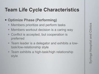  Optimize Phase (Performing)
 Members prioritize and perform tasks
 Members workout decision is a caring way
 Conflict is accepted, but cooperation is
preferred
 Team leader is a delegator and exhibits a low-
task/low-relationship style
 Team exhibits a high-task/high relationship
style
 