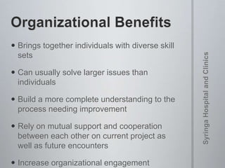  Brings together individuals with diverse skill
sets
 Can usually solve larger issues than
individuals
 Build a more complete understanding to the
process needing improvement
 Rely on mutual support and cooperation
between each other on current project as
well as future encounters
 Increase organizational engagement
 