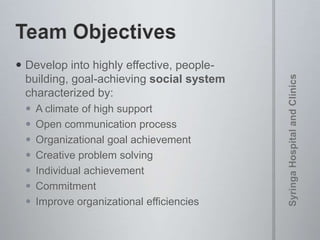  Develop into highly effective, people-
building, goal-achieving social system
characterized by:
 A climate of high support
 Open communication process
 Organizational goal achievement
 Creative problem solving
 Individual achievement
 Commitment
 Improve organizational efficiencies
 