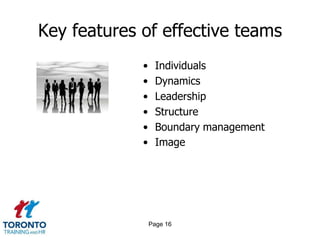 Key features of effective teams
             •    Individuals
             •    Dynamics
             •    Leadership
             •    Structure
             •    Boundary management
             •    Image




                 Page 16
 