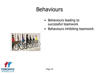 Behaviours
   • Behaviours leading to
     successful teamwork
   • Behaviours inhibiting teamwork




    Page 18
 