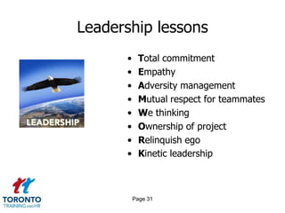 Leadership lessons
      •    Total commitment
      •    Empathy
      •    Adversity management
      •    Mutual respect for teammates
      •    We thinking
      •    Ownership of project
      •    Relinquish ego
      •    Kinetic leadership



          Page 31
 