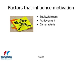 Factors that influence motivation
              • Equity/fairness
              • Achievement
              • Camaraderie




               Page 57
 