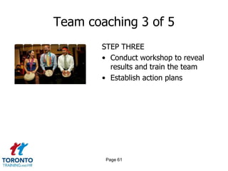 Team coaching 3 of 5
        STEP THREE
        • Conduct workshop to reveal
          results and train the team
        • Establish action plans




         Page 61
 