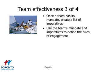 Team effectiveness 3 of 4
          • Once a team has its
            mandate, create a list of
            imperatives
          • Use the team’s mandate and
            imperatives to define the rules
            of engagement




           Page 69
 