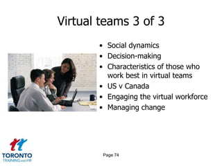 Virtual teams 3 of 3
       • Social dynamics
       • Decision-making
       • Characteristics of those who
         work best in virtual teams
       • US v Canada
       • Engaging the virtual workforce
       • Managing change




        Page 74
 