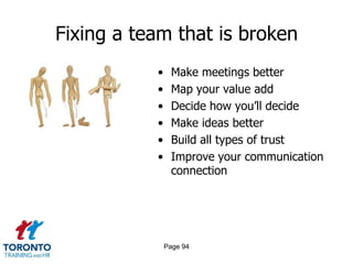Fixing a team that is broken
           •    Make meetings better
           •    Map your value add
           •    Decide how you’ll decide
           •    Make ideas better
           •    Build all types of trust
           •    Improve your communication
                connection




               Page 94
 
