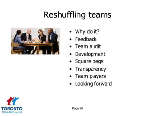 Reshuffling teams
      •    Why do it?
      •    Feedback
      •    Team audit
      •    Development
      •    Square pegs
      •    Transparency
      •    Team players
      •    Looking forward



          Page 96
 