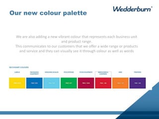 Our new colour palette
We are also adding a new vibrant colour that represents each business unit
and product range.
This communicates to our customers that we offer a wide range or products
and service and they can visually see it through colour as well as words
 