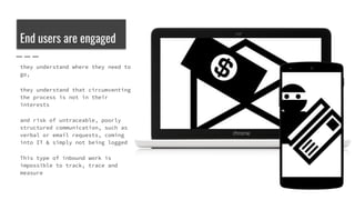 End users are engaged
they understand where they need to
go,
they understand that circumventing
the process is not in their
interests
and risk of untraceable, poorly
structured communication, such as
verbal or email requests, coming
into IT & simply not being logged
This type of inbound work is
impossible to track, trace and
measure
 