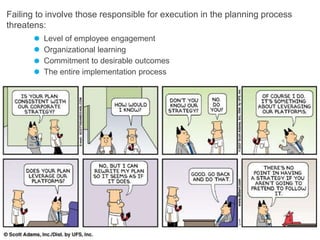 Failing to involve those responsible for execution in the planning process
threatens:
Level of employee engagement
Organizational learning
Commitment to desirable outcomes
The entire implementation process
 